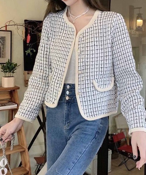 NANEA(ナネア)の「ノーカラーツイードジャケット(ノーカラージャケット・レディース・ホワイト/ブラック・SMALL/LARGE/MEDIUM)」の3枚目の写真