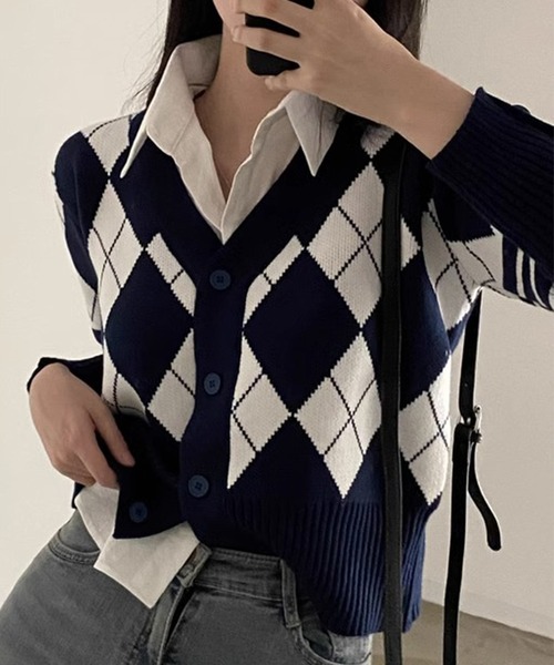 MILAE(ミレ)の「アーガイル柄Vネックニットカーディガン(カーディガン/ボレロ・レディース・グレー/ネイビー・FREE)」の4枚目の写真