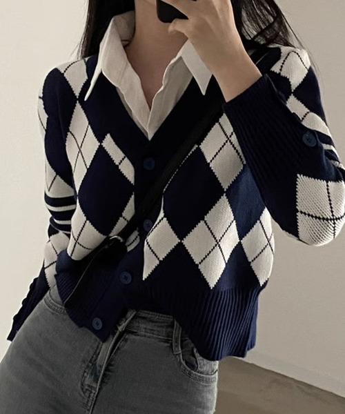 MILAE(ミレ)の「アーガイル柄Vネックニットカーディガン(カーディガン/ボレロ・レディース・グレー/ネイビー・FREE)」の5枚目の写真