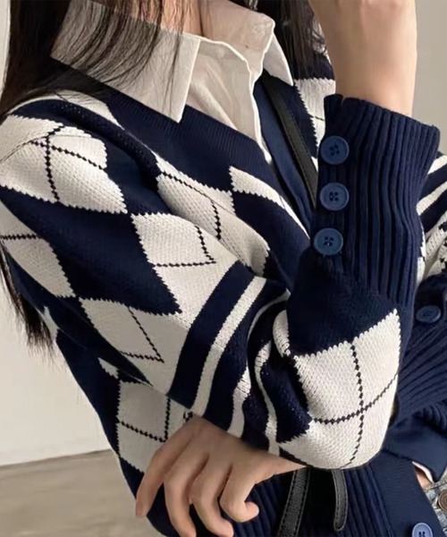 MILAE(ミレ)の「アーガイル柄Vネックニットカーディガン(カーディガン/ボレロ・レディース・グレー/ネイビー・FREE)」の6枚目の写真