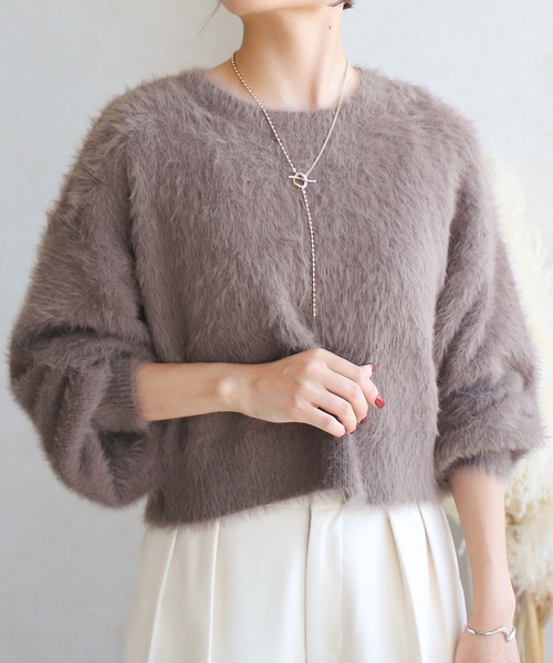 Social GIRL（ソーシャルガール）の「シャギーラウンドニットプルオーバー（ニット/セーター・レディース・チャコールグレー/ブルー/ブラック/アイボリー/パープル/ブラウン/ホワイト×ブラック/サックスブルー/オフホワイト・M）」の6枚目の写真