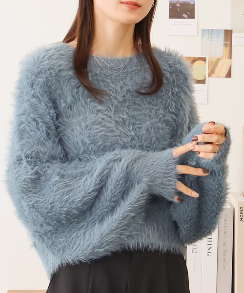 Social GIRL（ソーシャルガール）の「シャギーラウンドニットプルオーバー（ニット/セーター・レディース・チャコールグレー/ブルー/ブラック/アイボリー/パープル/ブラウン/ホワイト×ブラック/サックスブルー/オフホワイト・M）」の8枚目の写真