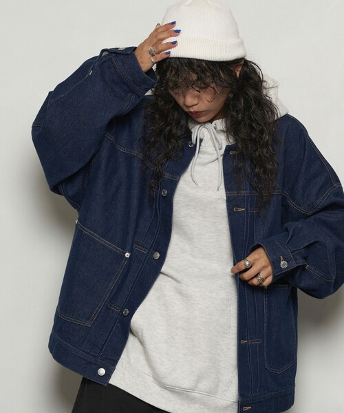 PUBLUX（パブリュクス）の「ワイドビッグデニムジャケット/デニムブルゾン(限定展開)（デニムジャケット・メンズ・ブラック/ブルー・LARGE/MEDIUM/SMALL）」の19枚目の写真