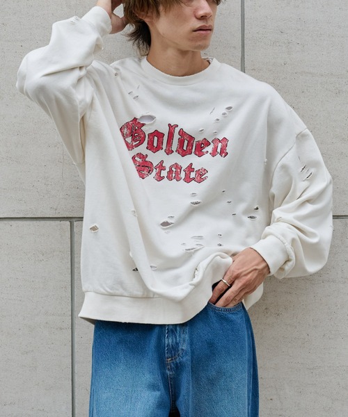 COLONY 2139（コロニートゥーワンスリーナイン）の「ピグメントダメージ裏毛クルー（GS）（スウェット・メンズ・アイボリー/レッド/ブラック・LARGE/MEDIUM）」の3枚目の写真