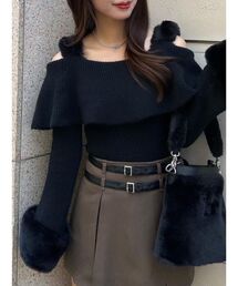 EATME | フェイクファーストラップオフショルダーリブニット(ニット/セーター)