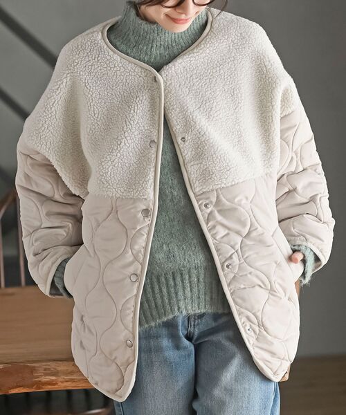 rps(アールピーエス)の「ボア切替キルトジャケット(ノーカラージャケット・レディース・ブラック/アイボリー/カーキ・フリー)」の2枚目の写真