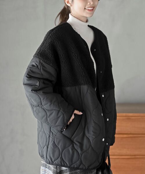 rps(アールピーエス)の「ボア切替キルトジャケット(ノーカラージャケット・レディース・ブラック/アイボリー/カーキ・フリー)」の1枚目の写真