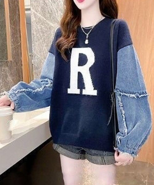 Miniministore(ミニミニストア)の「ドッキングニット デニムシャツ 切り替え(Tシャツ/カットソー・レディース・グリーン/ベージュ/ブラック/オフホワイト/ネイビー・フリー)」の5枚目の写真