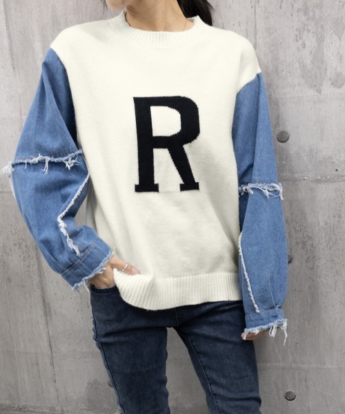 Miniministore(ミニミニストア)の「ドッキングニット デニムシャツ 切り替え(Tシャツ/カットソー・レディース・グリーン/ベージュ/ブラック/オフホワイト/ネイビー・フリー)」の2枚目の写真