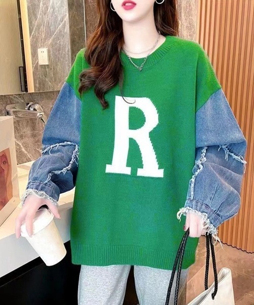 Miniministore(ミニミニストア)の「ドッキングニット デニムシャツ 切り替え(Tシャツ/カットソー・レディース・グリーン/ベージュ/ブラック/オフホワイト/ネイビー・フリー)」の4枚目の写真