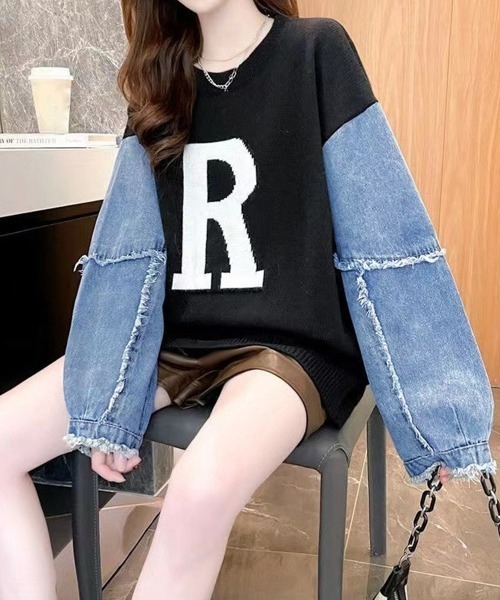 Miniministore(ミニミニストア)の「ドッキングニット デニムシャツ 切り替え(Tシャツ/カットソー・レディース・グリーン/ベージュ/ブラック/オフホワイト/ネイビー・フリー)」の3枚目の写真