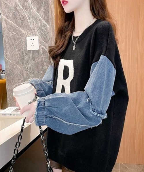 Miniministore(ミニミニストア)の「ドッキングニット デニムシャツ 切り替え(Tシャツ/カットソー・レディース・グリーン/ベージュ/ブラック/オフホワイト/ネイビー・フリー)」の7枚目の写真