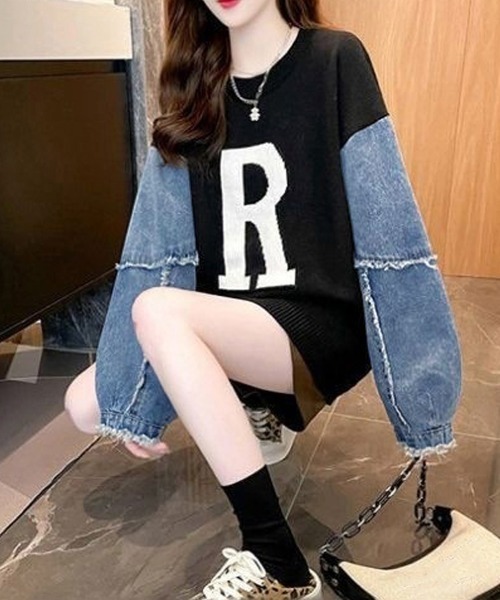 Miniministore(ミニミニストア)の「ドッキングニット デニムシャツ 切り替え(Tシャツ/カットソー・レディース・グリーン/ベージュ/ブラック/オフホワイト/ネイビー・フリー)」の8枚目の写真