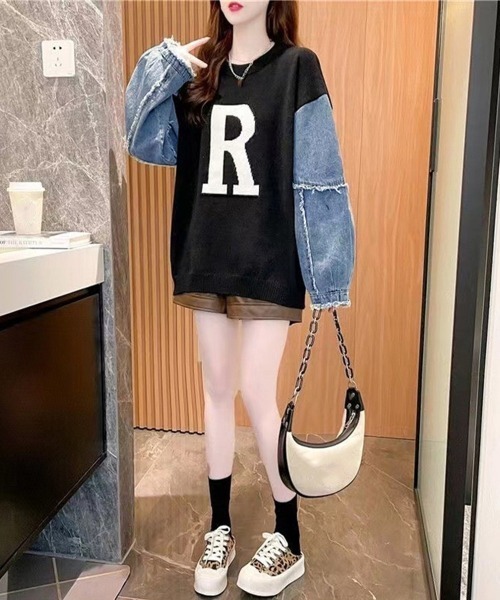 Miniministore(ミニミニストア)の「ドッキングニット デニムシャツ 切り替え(Tシャツ/カットソー・レディース・グリーン/ベージュ/ブラック/オフホワイト/ネイビー・フリー)」の9枚目の写真