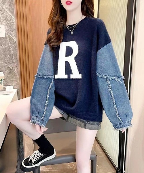 Miniministore(ミニミニストア)の「ドッキングニット デニムシャツ 切り替え(Tシャツ/カットソー・レディース・グリーン/ベージュ/ブラック/オフホワイト/ネイビー・フリー)」の10枚目の写真
