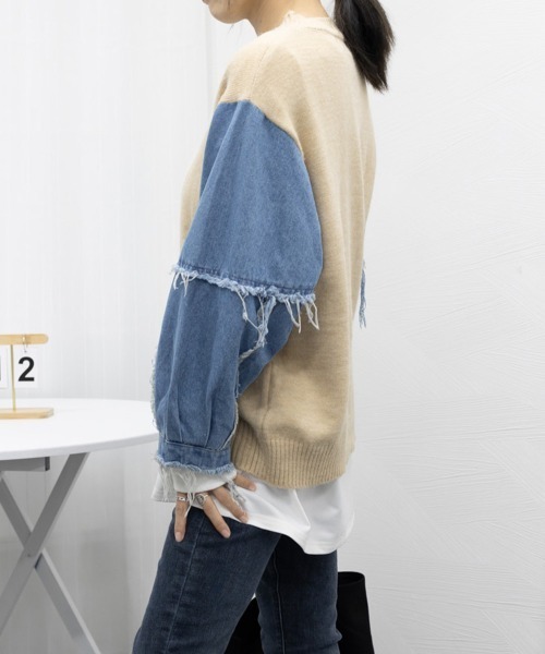 Miniministore(ミニミニストア)の「ドッキングニット デニムシャツ 切り替え(Tシャツ/カットソー・レディース・グリーン/ベージュ/ブラック/オフホワイト/ネイビー・フリー)」の12枚目の写真