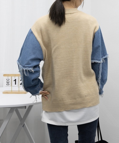 Miniministore(ミニミニストア)の「ドッキングニット デニムシャツ 切り替え(Tシャツ/カットソー・レディース・グリーン/ベージュ/ブラック/オフホワイト/ネイビー・フリー)」の13枚目の写真