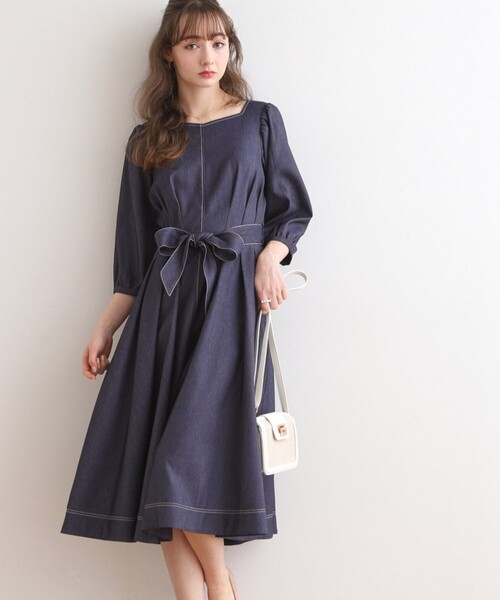 couture brooch（クチュールブローチ）の「◆【リボン付け外し2WAY/洗える】デニムライクワンピース（ワンピース・レディース・ブラック/ブルー系その他・36/38/40/42）」の21枚目の写真