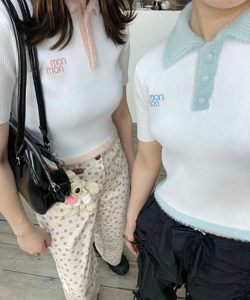 nomnom(ノムノム)の「【nomnom】シャギーデザイン半袖ポロニット(ニット/セーター・レディース・ホワイト×ブルー/ホワイト×ピンク・FREE)」の1枚目の写真
