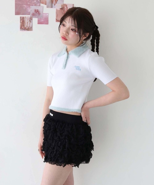 nomnom(ノムノム)の「【nomnom】シャギーデザイン半袖ポロニット(ニット/セーター・レディース・ホワイト×ブルー/ホワイト×ピンク・FREE)」の6枚目の写真