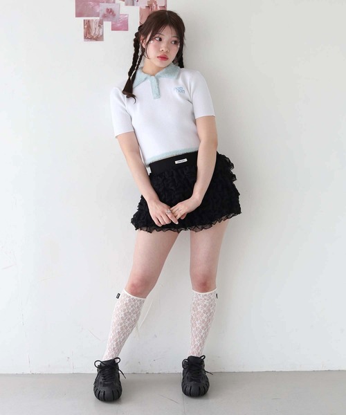nomnom(ノムノム)の「【nomnom】シャギーデザイン半袖ポロニット(ニット/セーター・レディース・ホワイト×ブルー/ホワイト×ピンク・FREE)」の11枚目の写真