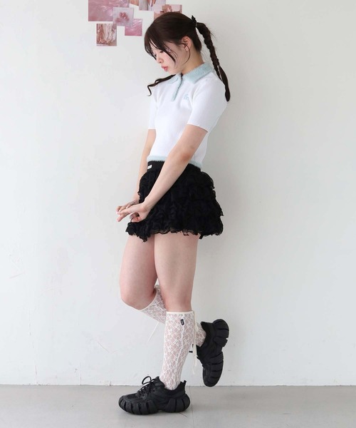 nomnom(ノムノム)の「【nomnom】シャギーデザイン半袖ポロニット(ニット/セーター・レディース・ホワイト×ブルー/ホワイト×ピンク・FREE)」の12枚目の写真