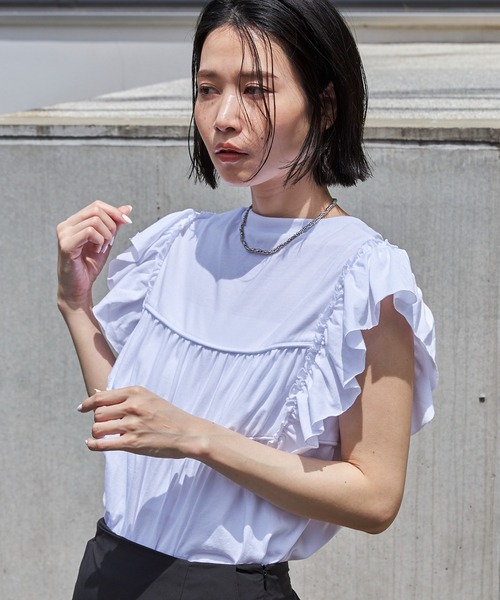 Firsthand（ファーストハンド）の「Firsthand/ファーストハンド オーガニックコットンフリルスリーブギャザートップス（Tシャツ/カットソー・レディース・ブラック/ホワイト/ブルー/ピンク・FREE）」の2枚目の写真