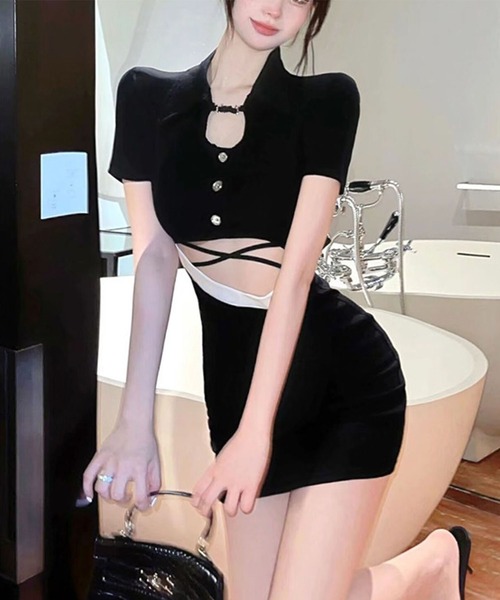 GLAMOROUS JANE(グラマラスジェーン)の「配色ウエストカットアウトポロ衿ミニワンピース(ワンピース・レディース・ブラック・L/M)」の3枚目の写真