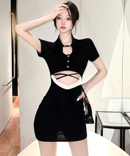 GLAMOROUS JANE(グラマラスジェーン)の「配色ウエストカットアウトポロ衿ミニワンピース(ワンピース・レディース・ブラック・L/M)」の5枚目の写真
