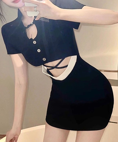 GLAMOROUS JANE(グラマラスジェーン)の「配色ウエストカットアウトポロ衿ミニワンピース(ワンピース・レディース・ブラック・L/M)」の7枚目の写真