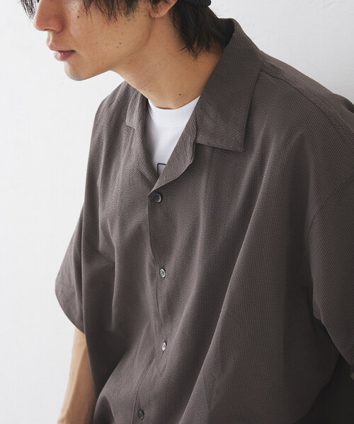 417 EDIFICE（フォーワンセブンエディフィス）の「サッカーオープンカラーシャツ（シャツ/ブラウス・メンズ・ブラック/ベージュ・MEDIUM/LARGE/XX-LARGE）」の2枚目の写真