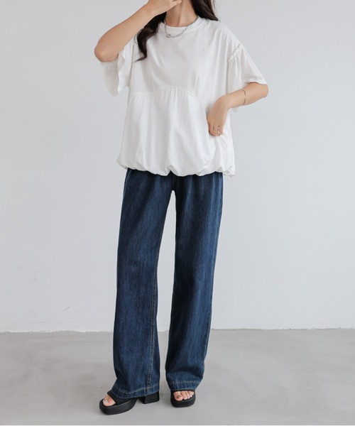 emi+（エミプラス）の「異素材切り替えバルーンギャザーTEE（Tシャツ/カットソー・レディース・ベージュ/ホワイト/グリーン/ブルー・FREE）」の5枚目の写真