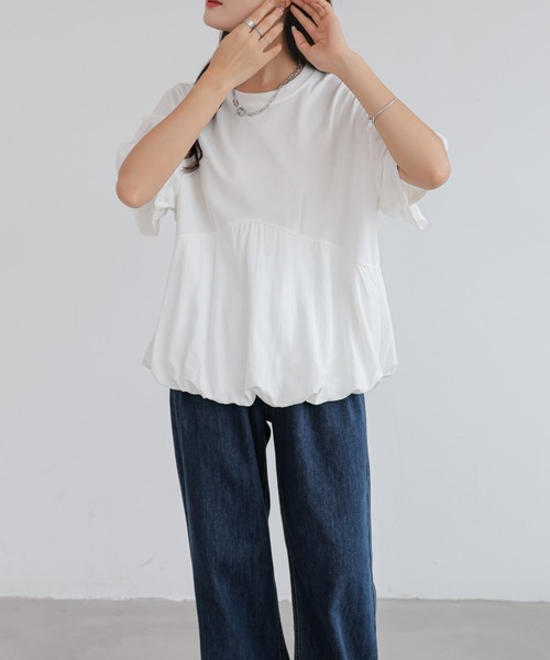 emi+（エミプラス）の「異素材切り替えバルーンギャザーTEE（Tシャツ/カットソー・レディース・ベージュ/ホワイト/グリーン/ブルー・FREE）」の7枚目の写真
