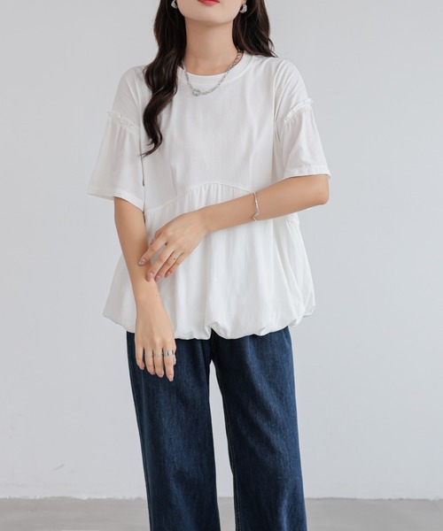 emi+（エミプラス）の「異素材切り替えバルーンギャザーTEE（Tシャツ/カットソー・レディース・ベージュ/ホワイト/グリーン/ブルー・FREE）」の8枚目の写真