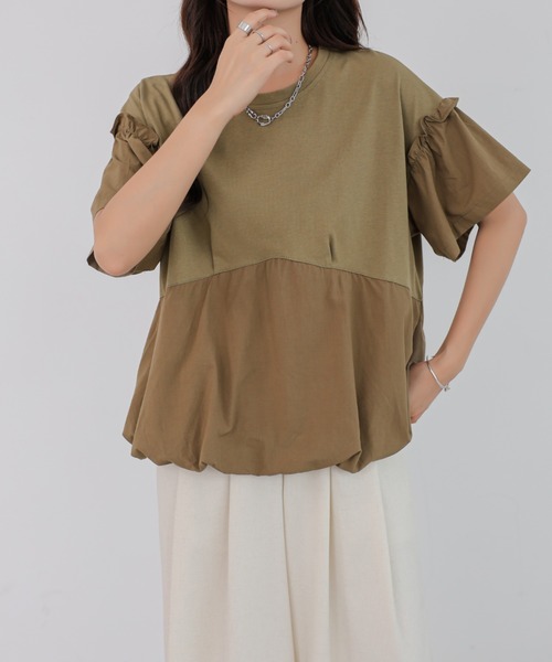 emi+（エミプラス）の「異素材切り替えバルーンギャザーTEE（Tシャツ/カットソー・レディース・ベージュ/ホワイト/グリーン/ブルー・FREE）」の16枚目の写真