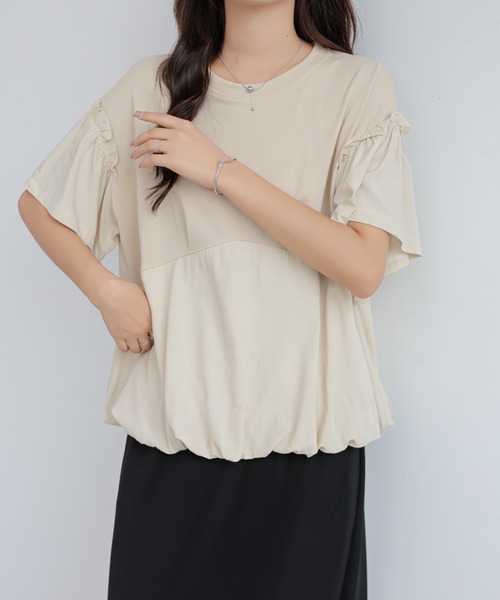 emi+（エミプラス）の「異素材切り替えバルーンギャザーTEE（Tシャツ/カットソー・レディース・ベージュ/ホワイト/グリーン/ブルー・FREE）」の22枚目の写真