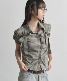 UNE MANSION | [UNE ORIGINAL]ショルダーパフサイドピンタックユニークリボンチェックブラウスシャツ(シャツ/ブラウス)