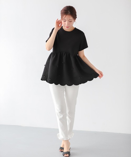 裾スカラップリボンカットソー（Tシャツ/カットソー）｜Fit more