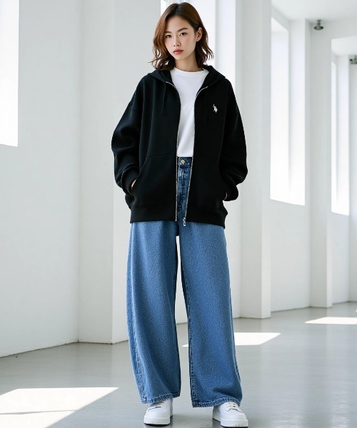 U.S. POLO ASSN.（ユーエスポロアッスン）の「U.S. POLO ASSN./ユーエスポロアッスン 別注 オーバーサイズ 裏毛 ロゴ ワンポイント刺繍 スウェット ジップアップパーカー/長袖 トップス フルジップパーカー/レディース メンズ（パーカー・メンズ・グレー/オートミール/ブラック/チャコールグレー・L/M/LL）」の15枚目の写真