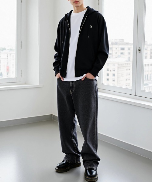 U.S. POLO ASSN.（ユーエスポロアッスン）の「U.S. POLO ASSN./ユーエスポロアッスン 別注 オーバーサイズ 裏毛 ロゴ ワンポイント刺繍 スウェット ジップアップパーカー/長袖 トップス フルジップパーカー/レディース メンズ（パーカー・メンズ・グレー/オートミール/ブラック/チャコールグレー・L/M/LL）」の13枚目の写真