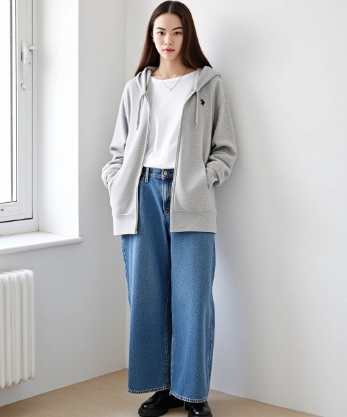 U.S. POLO ASSN.（ユーエスポロアッスン）の「U.S. POLO ASSN./ユーエスポロアッスン 別注 オーバーサイズ 裏毛 ロゴ ワンポイント刺繍 スウェット ジップアップパーカー/長袖 トップス フルジップパーカー/レディース メンズ（パーカー・メンズ・グレー/オートミール/ブラック/チャコールグレー・L/M/LL）」の12枚目の写真