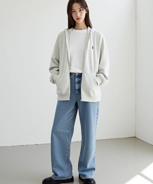 U.S. POLO ASSN.（ユーエスポロアッスン）の「U.S. POLO ASSN./ユーエスポロアッスン 別注 オーバーサイズ 裏毛 ロゴ ワンポイント刺繍 スウェット ジップアップパーカー/長袖 トップス フルジップパーカー/レディース メンズ（パーカー・メンズ・グレー/オートミール/ブラック/チャコールグレー・L/M/LL）」の8枚目の写真