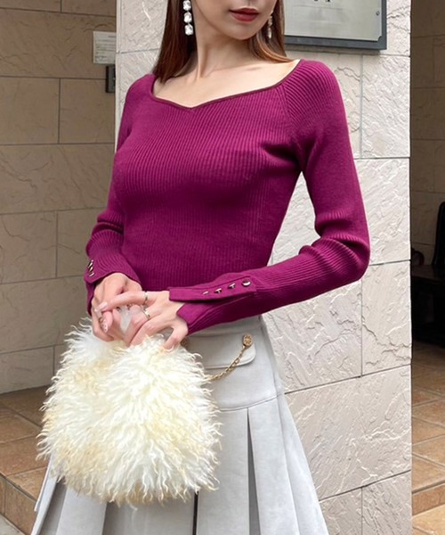 ROYAL PARTY（ロイヤルパーティー）の「ウォッシャブルオープンネック長袖ニットトップス（ニット/セーター・レディース・ブラック/マルチ/ボルドー/ブルー/オフホワイト・FREE）」の4枚目の写真