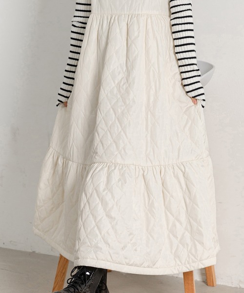 セール】【肩紐調節可/あったか中綿】ティアード 切替 脚長 フレア