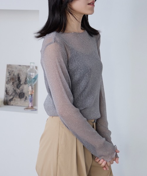 セール】シアーラメ ボートネック長袖トップス（Tシャツ