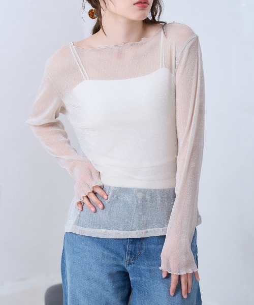 TRIANGLE PALETTE(トライアングルパレット)の「シアーラメ ボートネック長袖トップス(Tシャツ/カットソー・レディース・ブラック/ホワイト/ライトグレー/インディゴブルー/グレー/アイボリー/ブラウン・FREE)」の20枚目の写真