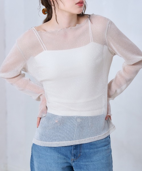 TRIANGLE PALETTE(トライアングルパレット)の「シアーラメ ボートネック長袖トップス(Tシャツ/カットソー・レディース・ブラック/ホワイト/ライトグレー/インディゴブルー/グレー/アイボリー/ブラウン・FREE)」の21枚目の写真