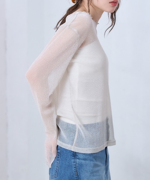 TRIANGLE PALETTE(トライアングルパレット)の「シアーラメ ボートネック長袖トップス(Tシャツ/カットソー・レディース・ブラック/ホワイト/ライトグレー/インディゴブルー/グレー/アイボリー/ブラウン・FREE)」の22枚目の写真