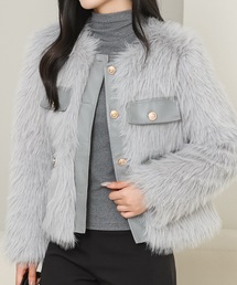 ノーカラージャケット（グレー/灰色系・フェイクファー）ファッション