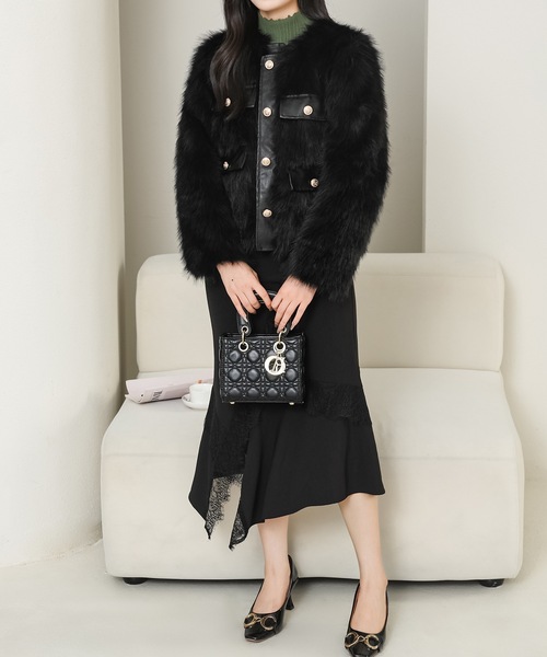 セール】ノーカラー フラップ ボタン ファー ジャケット（ノーカラー